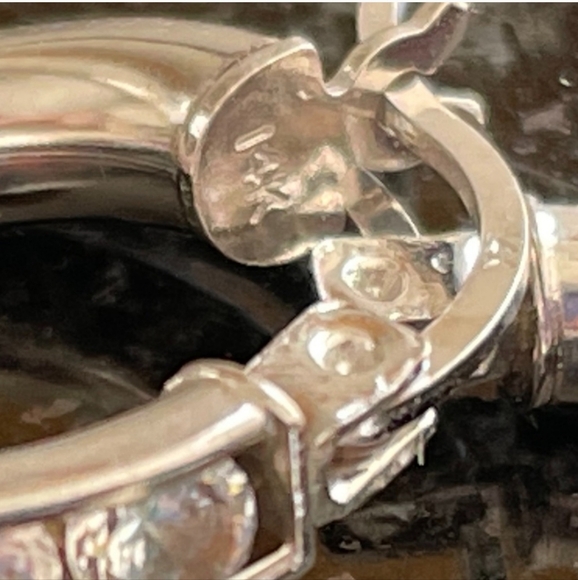 Solid 14KT White Gold & White Sapphire Hoop Earrings - Picture 10 of 14